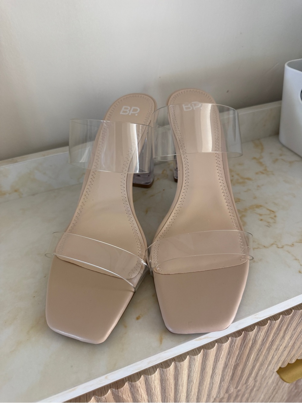 bp Nude Clear-Strap Square-Toe Slide Heels